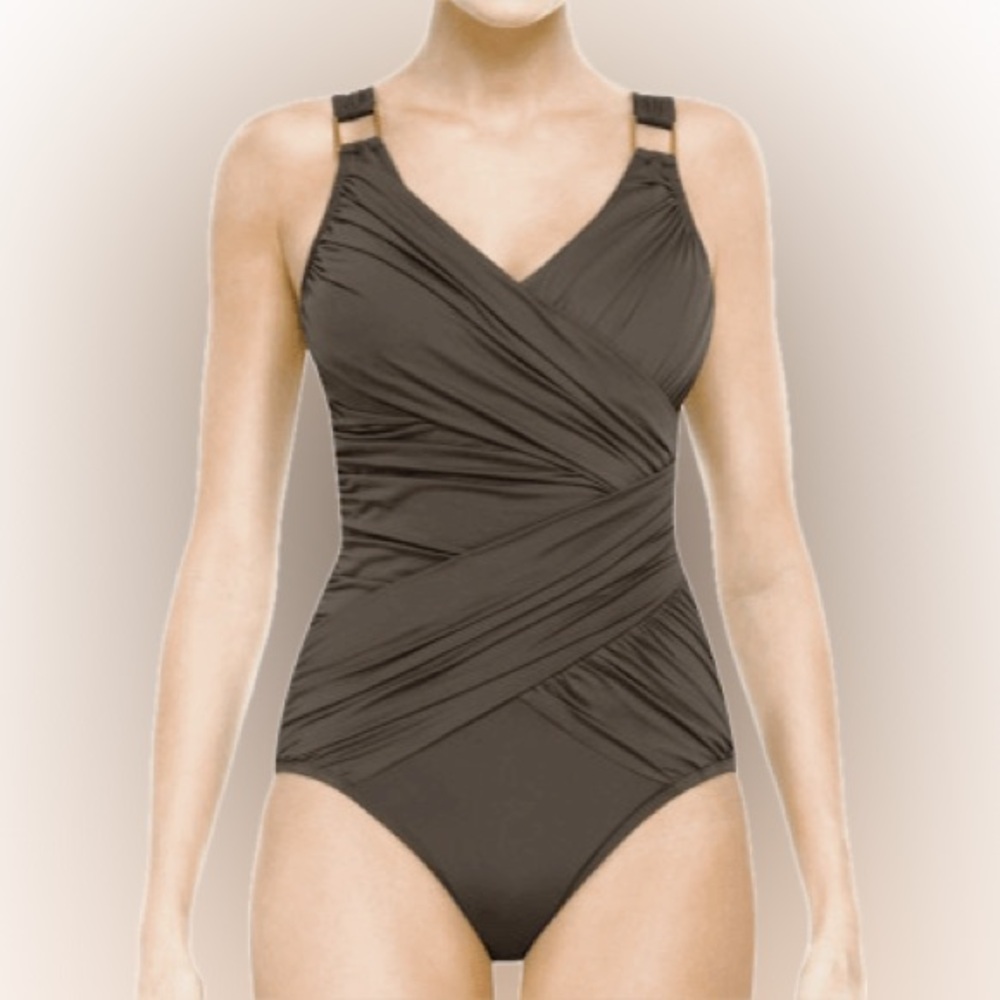 Spanx One Piece Draped Swimsuit Olive Green Ruched Sides Criss Cross Style